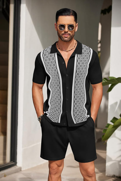 Men's Vintage Inspired Brown Knit Short Shirt & Shorts Set