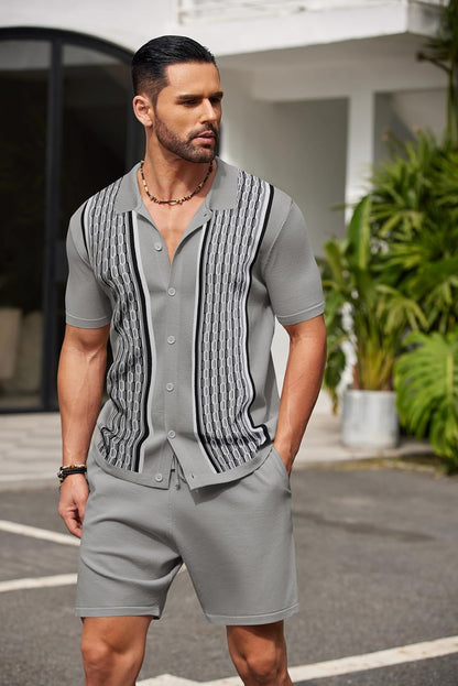 Men's Vintage Inspired Beige Knit Short Shirt & Shorts Set