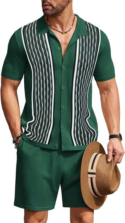 Men's Vintage Inspired Black Knit Short Shirt & Shorts Set
