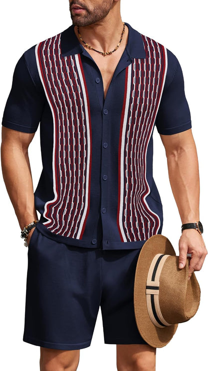 Men's Vintage Inspired Brown Knit Short Shirt & Shorts Set