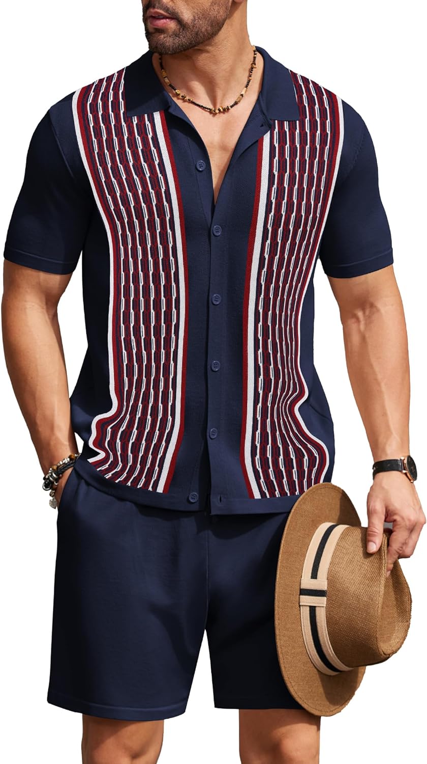 Men's Vintage Inspired Black Knit Short Shirt & Shorts Set
