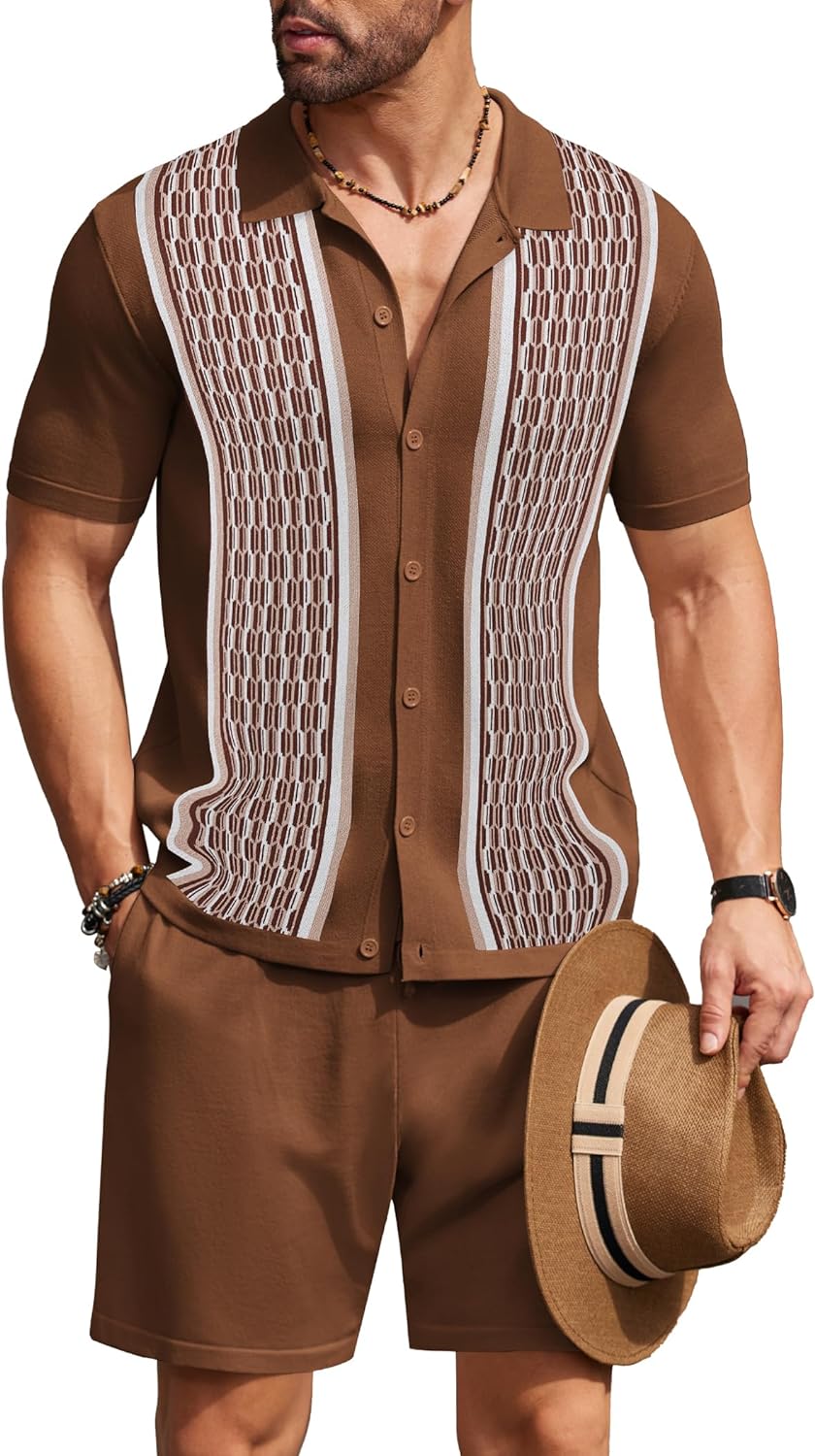 Men's Vintage Inspired Brown Knit Short Shirt & Shorts Set