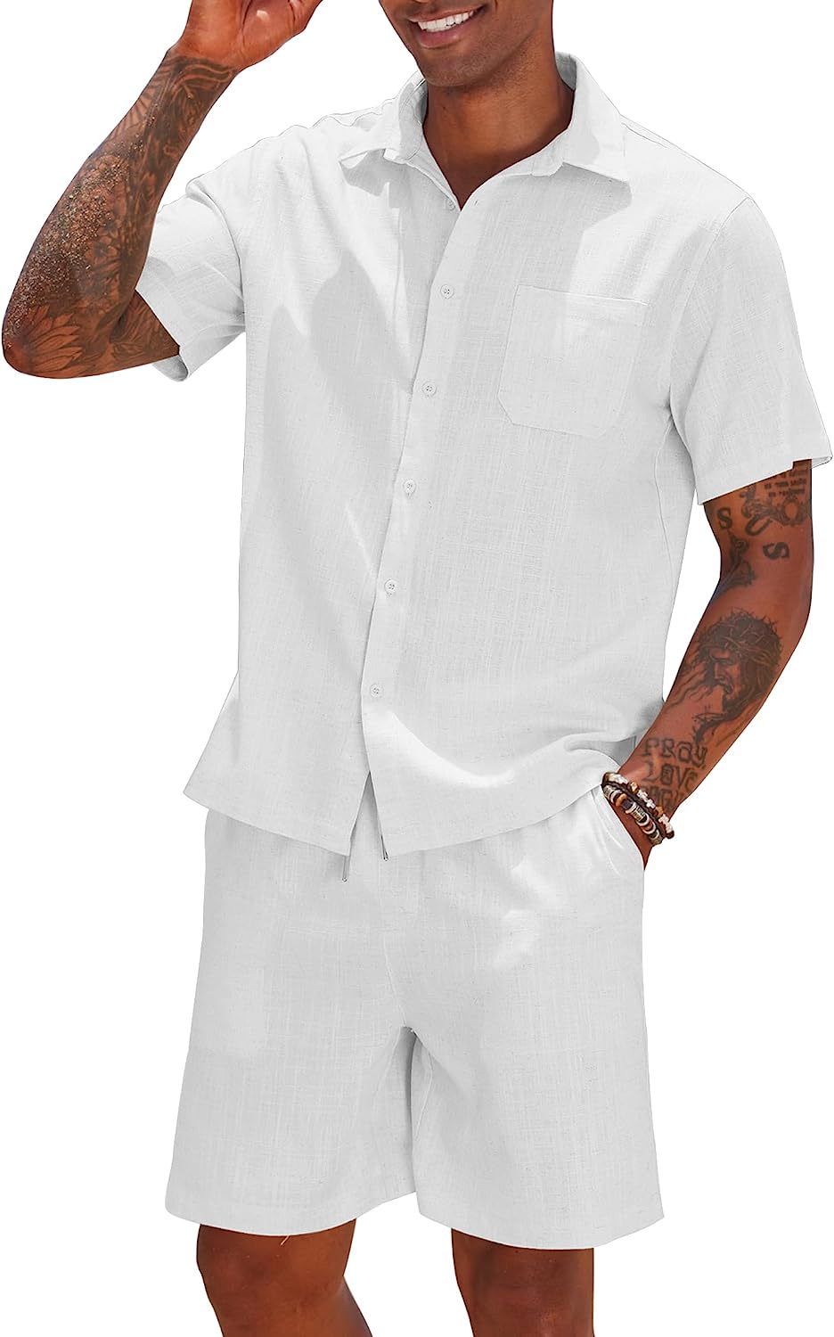 Men's Khaki Linen Drawstring Casual Short Sleeve Shorts Set