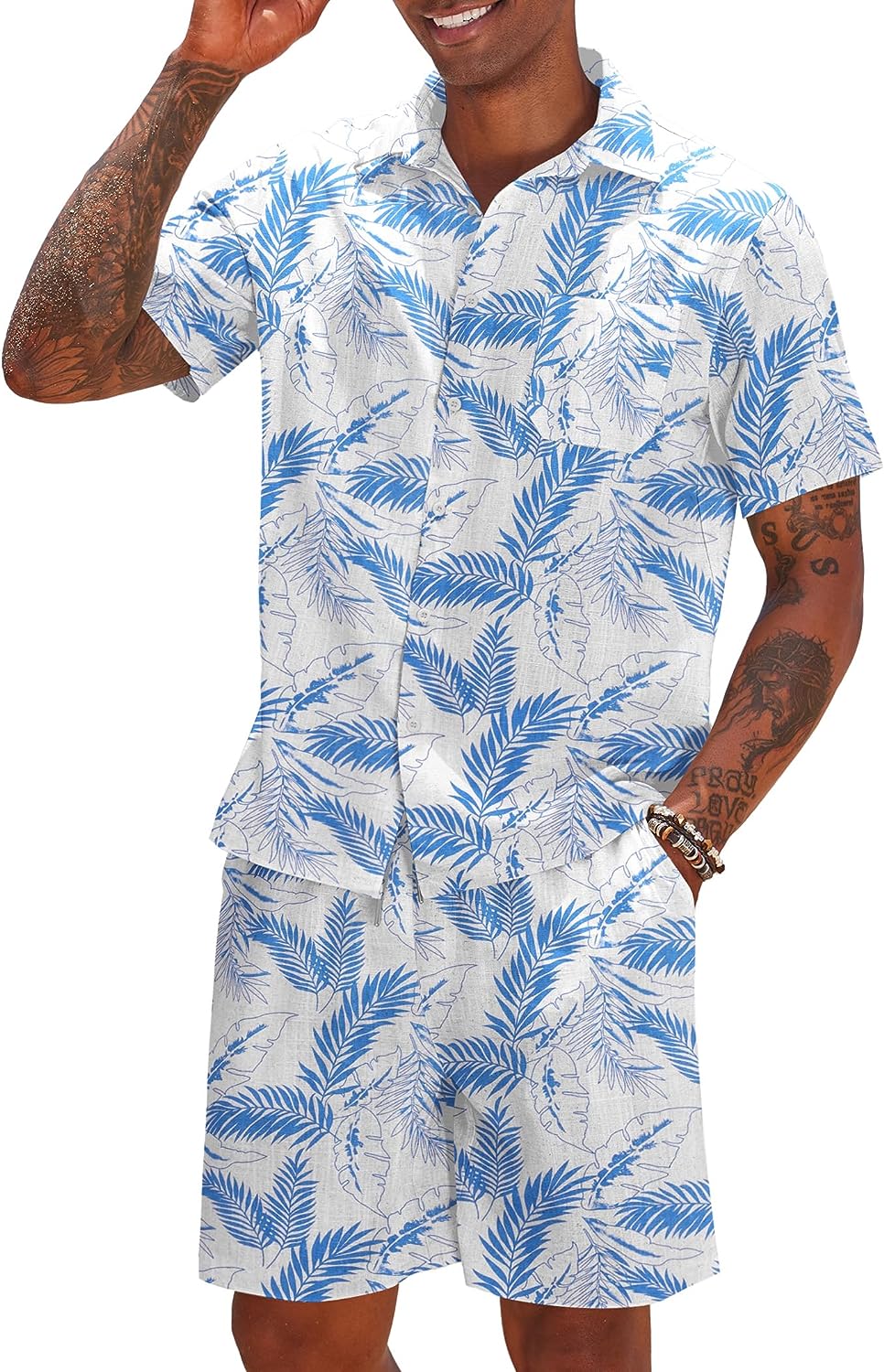 Men's Khaki Linen Drawstring Casual Short Sleeve Shorts Set