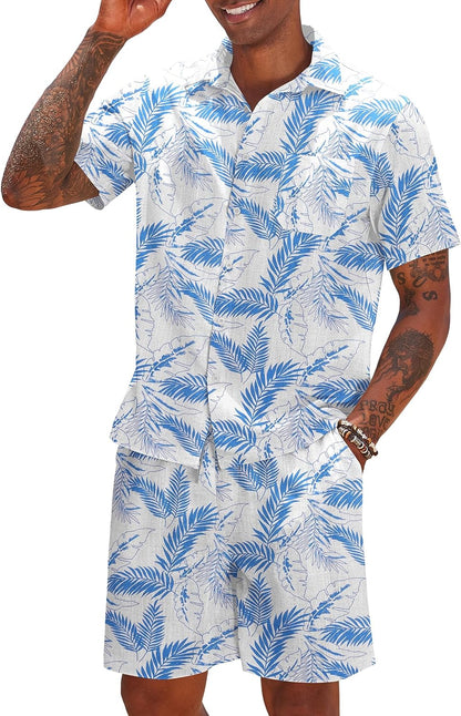 Men's Khaki Linen Drawstring Casual Short Sleeve Shorts Set