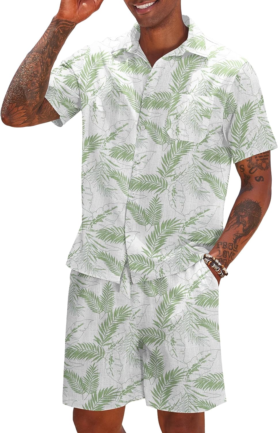 Men's Khaki Linen Drawstring Casual Short Sleeve Shorts Set