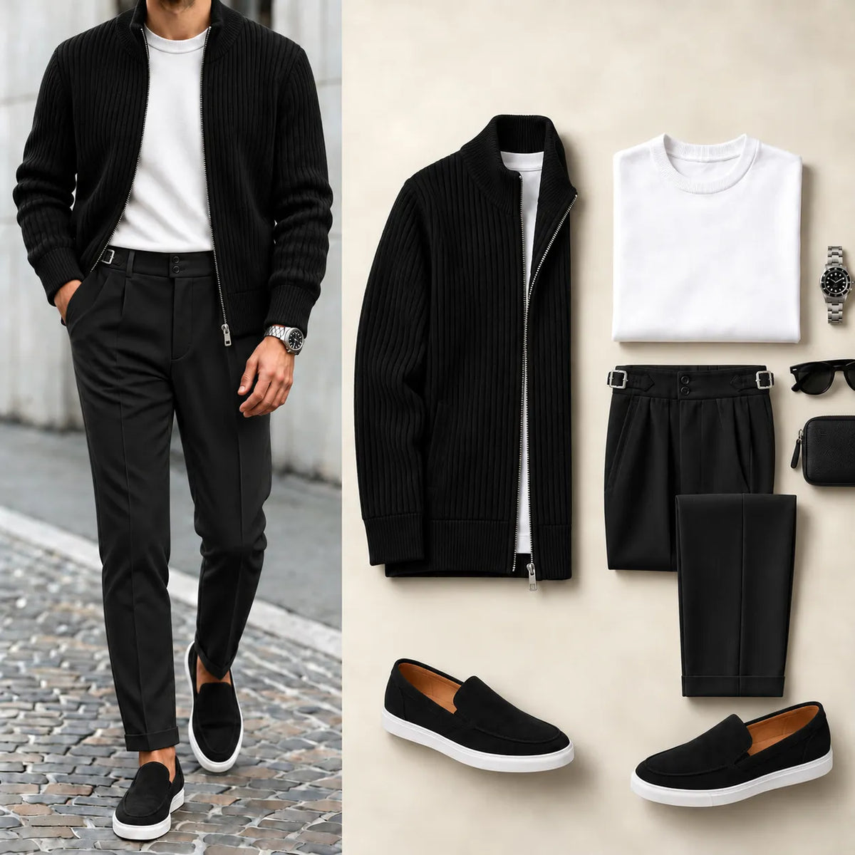 Men's Ribbed Full-Zip Stand Collar Jacket and Pleated Trousers Set