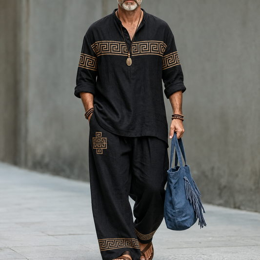 Men's Black Geometric Border Print Linen Top and Pants Two Piece Set