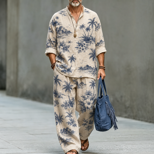 Men's Vintage Tropical Island Print Linen Shirt and Pants Two Piece Set