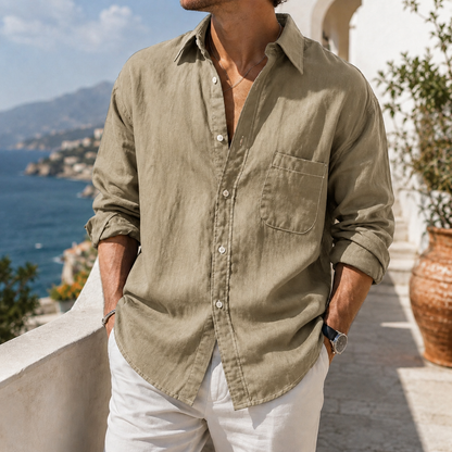 Fashioninprint Daily Cotton-linen Urban Casual Long-sleeve Shirt with Chest Pocket