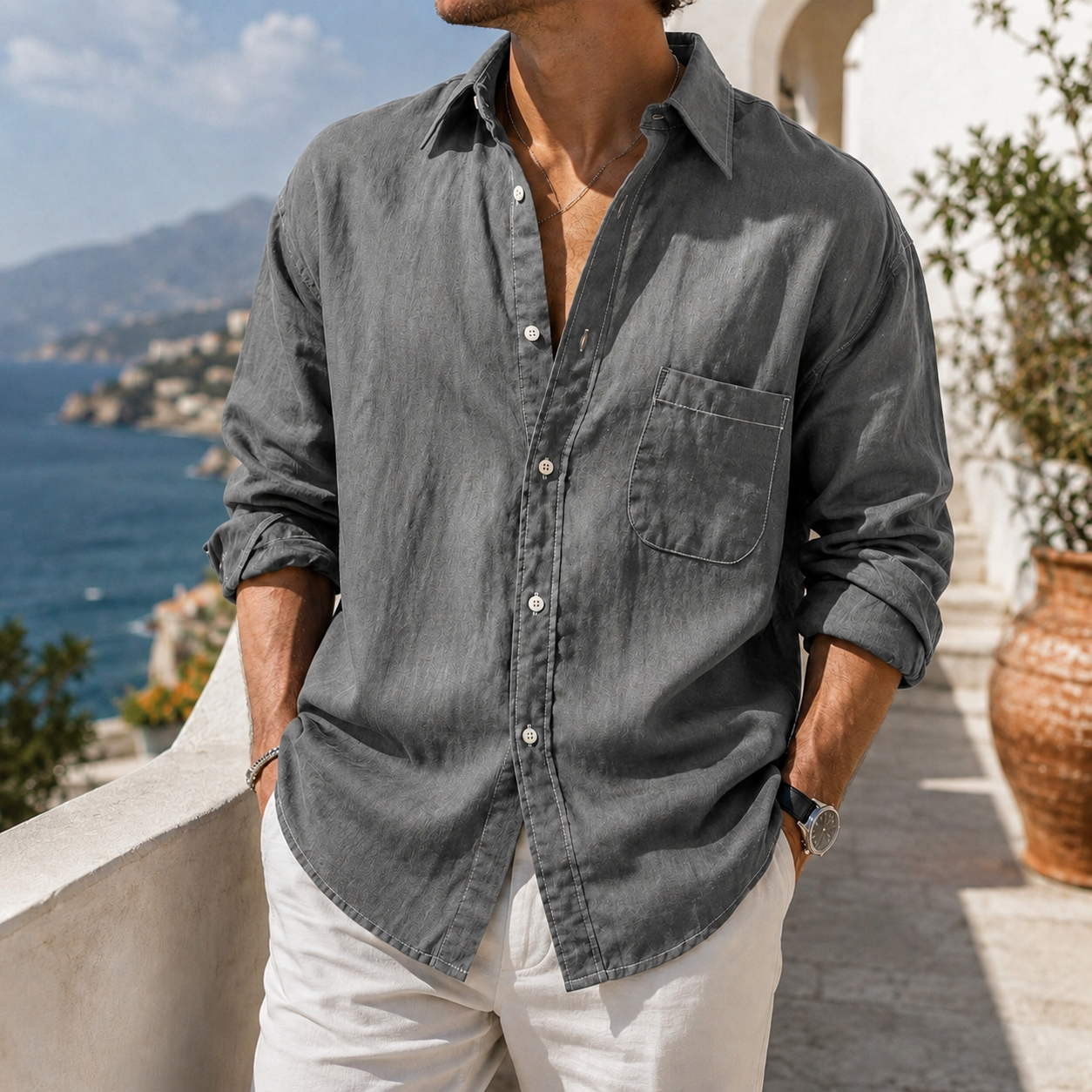 Fashioninprint Daily Cotton-linen Urban Casual Long-sleeve Shirt with Chest Pocket