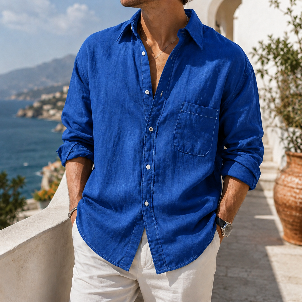Fashioninprint Daily Cotton-linen Urban Casual Long-sleeve Shirt with Chest Pocket