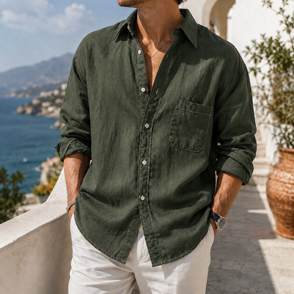 Fashioninprint Daily Cotton-linen Urban Casual Long-sleeve Shirt with Chest Pocket