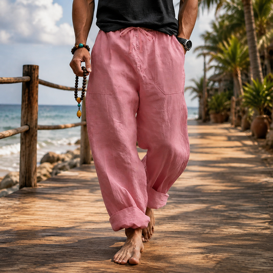Men¡¯s Linen Blend Loose Fit Pants  Breathable Summer Beach Trousers