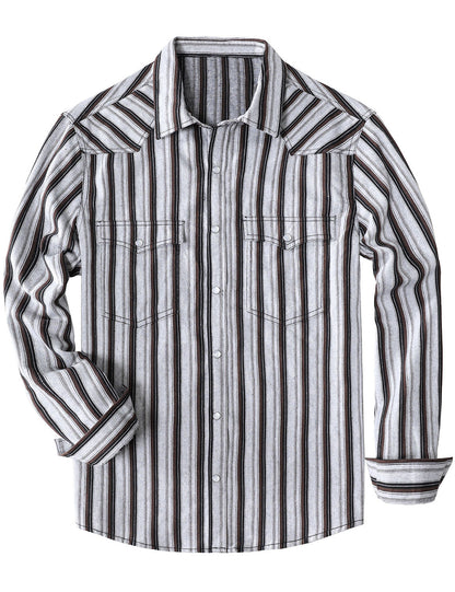 Men's White Striped Western Pearl Snap Casual Denim Shirt