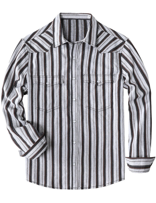 Men's White Striped Western Pearl Snap Casual Denim Shirt