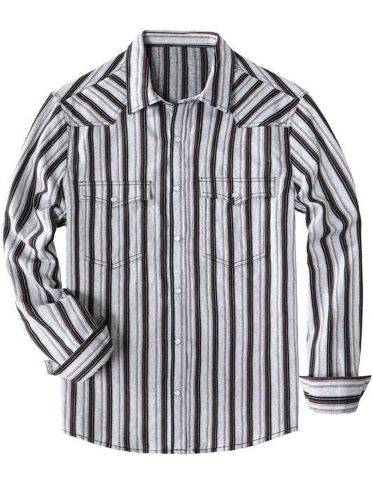 Men's White Striped Western Pearl Snap Casual Denim Shirt