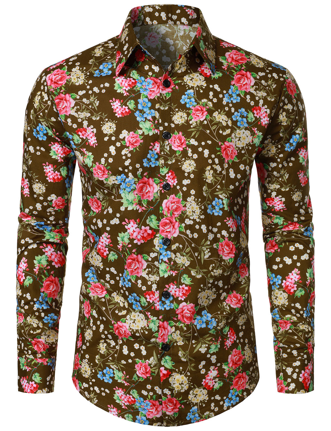 Men's 70s Floral Print Breathable Cotton Brown Long Sleeve Shirt