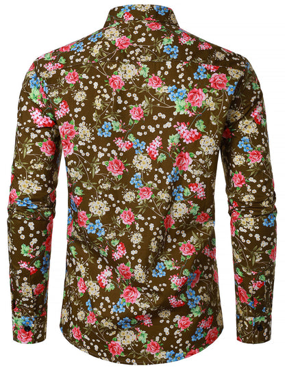 Men's 70s Floral Print Breathable Cotton Brown Long Sleeve Shirt