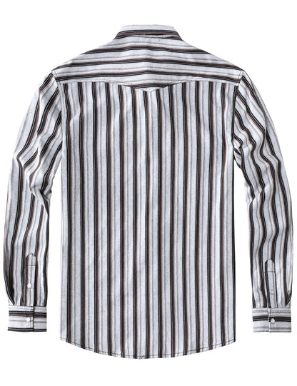 Men's White Striped Western Pearl Snap Casual Denim Shirt