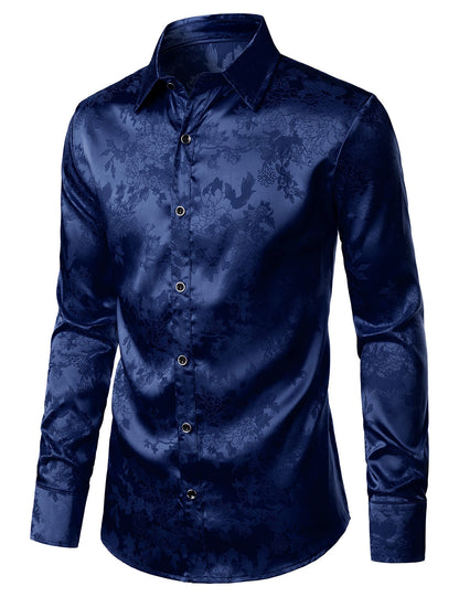 Men's Casual Shiny Satin Floral Jacquard Blue Long Sleeve Button Up Dress Shirt