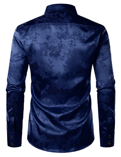 Men's Casual Shiny Satin Floral Jacquard Blue Long Sleeve Button Up Dress Shirt