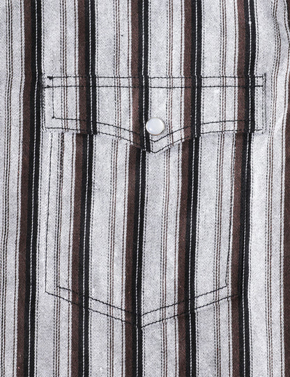 Men's White Striped Western Pearl Snap Casual Denim Shirt