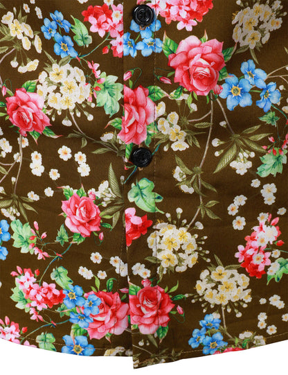 Men's 70s Floral Print Breathable Cotton Brown Long Sleeve Shirt