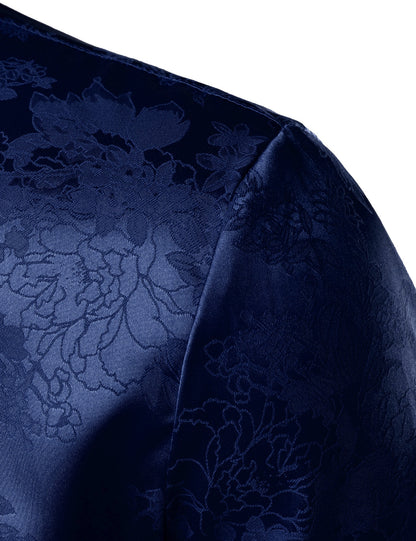 Men's Casual Shiny Satin Floral Jacquard Blue Long Sleeve Button Up Dress Shirt