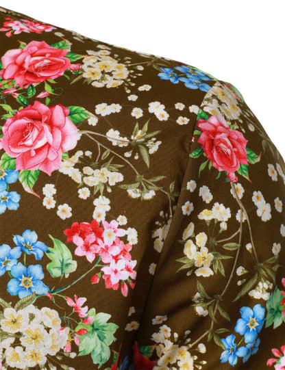 Men's 70s Floral Print Breathable Cotton Brown Long Sleeve Shirt