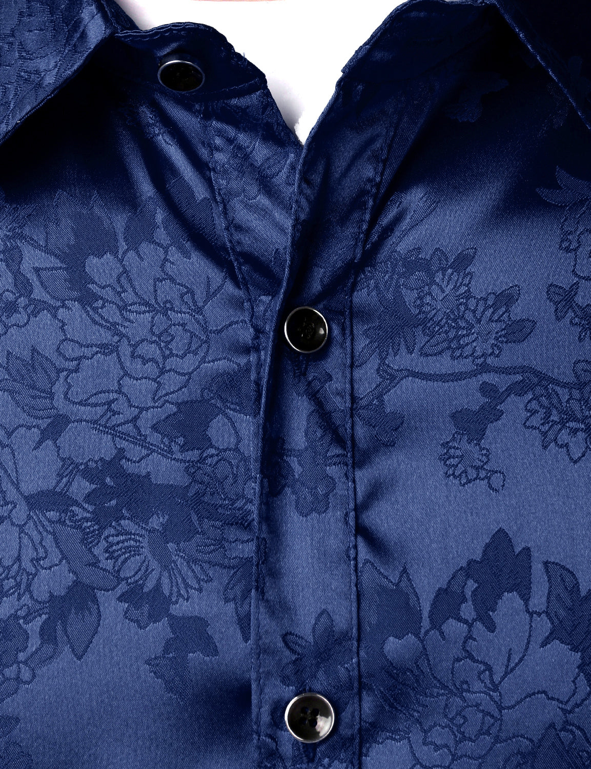 Men's Casual Shiny Satin Floral Jacquard Blue Long Sleeve Button Up Dress Shirt