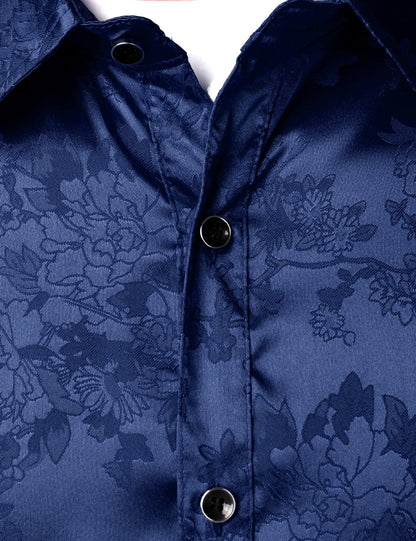 Men's Casual Shiny Satin Floral Jacquard Blue Long Sleeve Button Up Dress Shirt