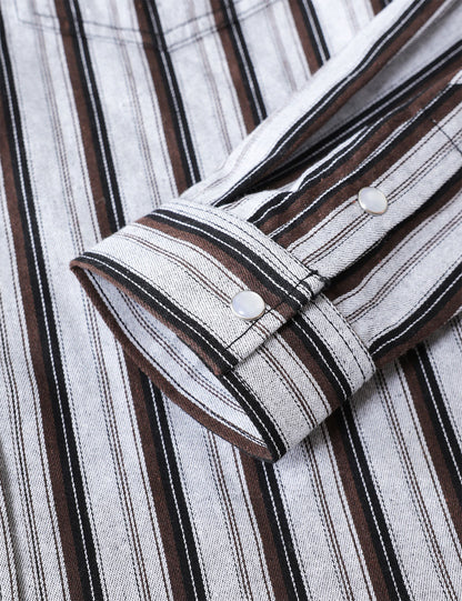 Men's White Striped Western Pearl Snap Casual Denim Shirt