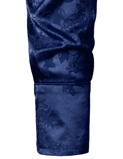 Men's Casual Shiny Satin Floral Jacquard Blue Long Sleeve Button Up Dress Shirt