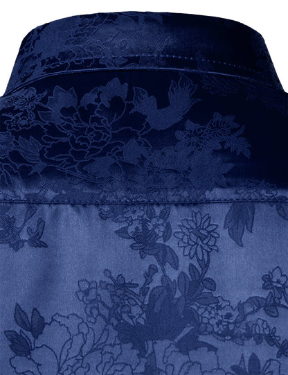 Men's Casual Shiny Satin Floral Jacquard Blue Long Sleeve Button Up Dress Shirt