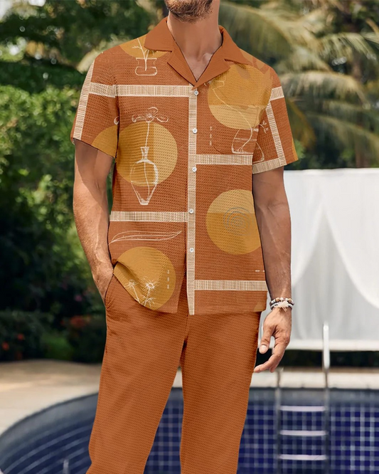 Men's Colorblock Printed Waffle Short Sleeve Shirt Pants Walking Suit 1734