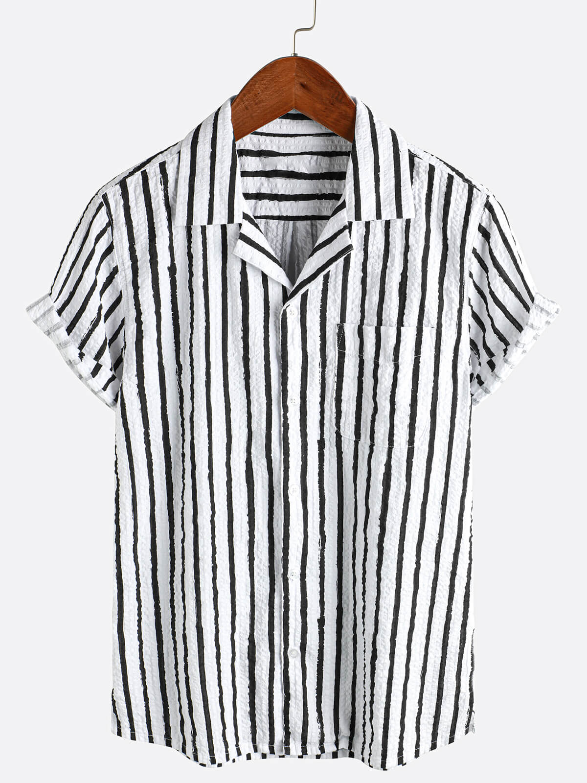 Men's Casual 100% Cotton Striped Pocket Hawaiian Holiday Button Up Short Sleeve Shirt