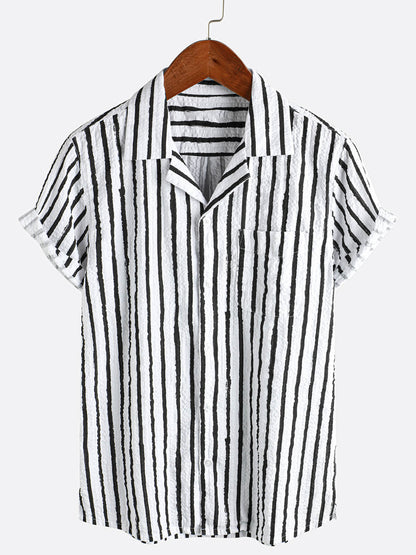 Men's Casual 100% Cotton Striped Pocket Hawaiian Holiday Button Up Short Sleeve Shirt