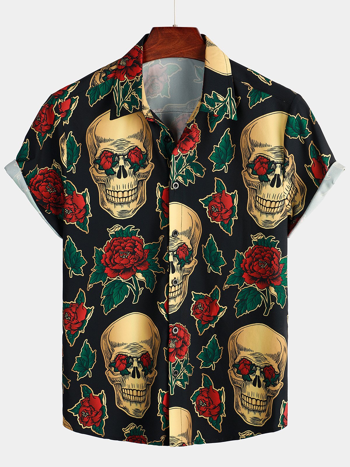 Men's Pink Funny Skull Print Short Sleeve Shirt