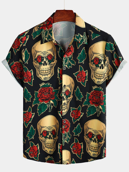 Men's Pink Funny Skull Print Short Sleeve Shirt