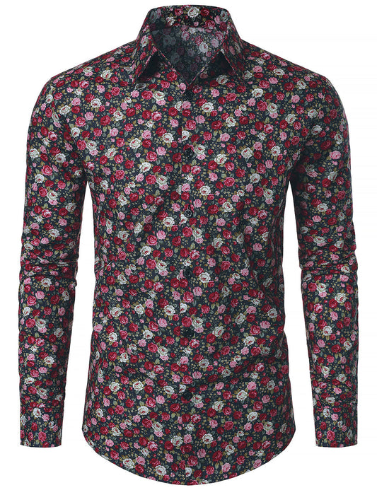 Men's 70s Breathable Cotton Long Sleeve Floral Print Shirt