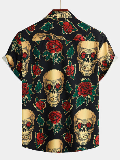 Men's Pink Funny Skull Print Short Sleeve Shirt