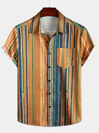 Men's Vintage Yellow And Blue Vertical Striped Button Up Pocket Short Sleeve Shirt