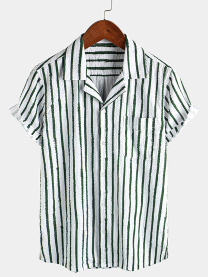 Men's Casual 100% Cotton Striped Pocket Hawaiian Holiday Button Up Short Sleeve Shirt