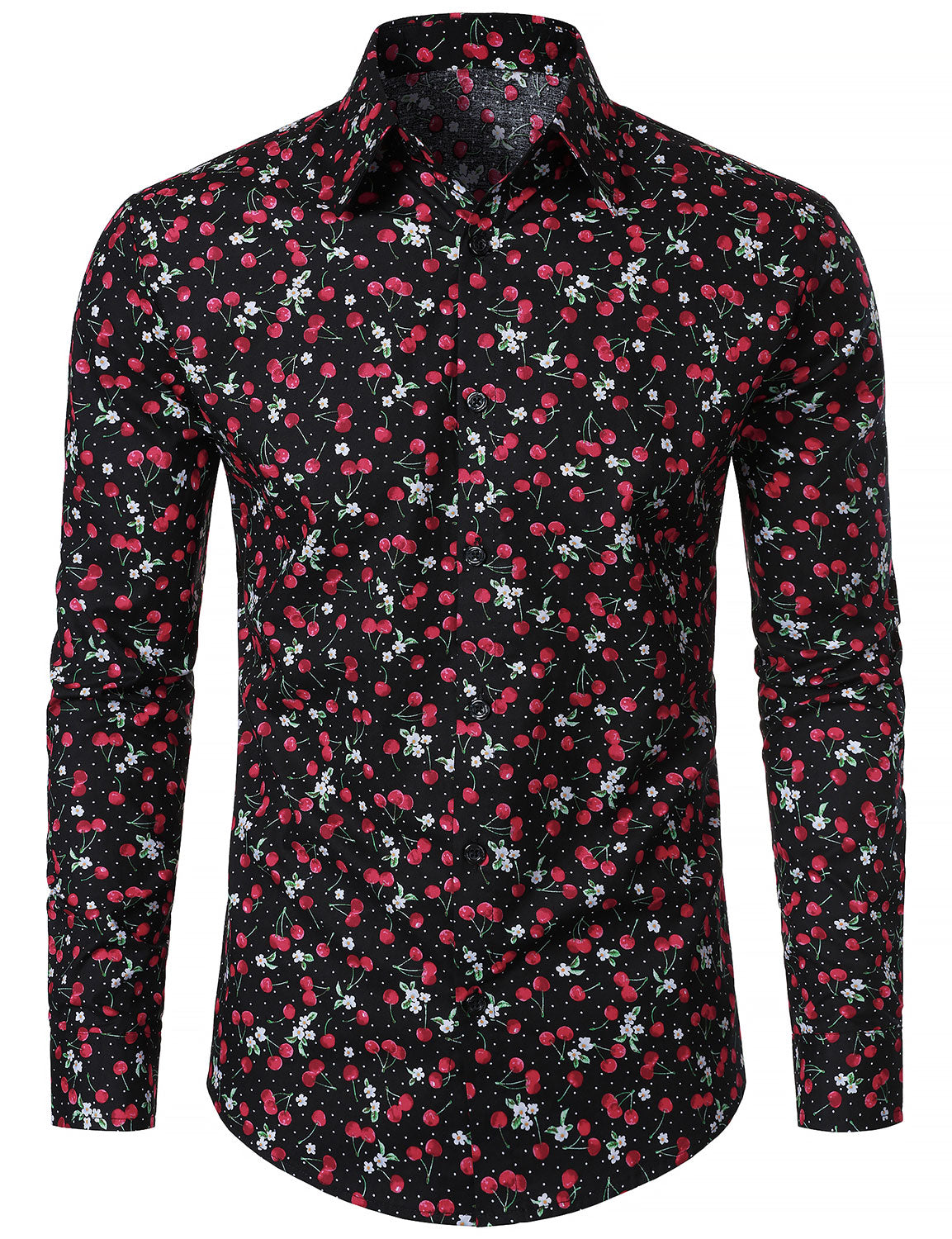 Men's Cherry Print Breathable Cotton Black Long Sleeve Shirt