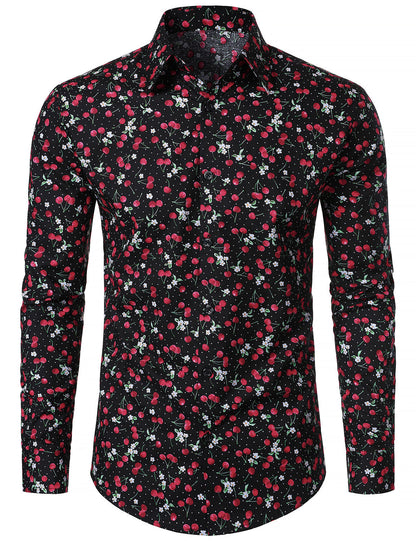Men's Cherry Print Breathable Cotton Black Long Sleeve Shirt