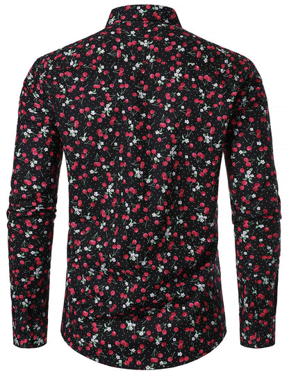 Men's Cherry Print Breathable Cotton Black Long Sleeve Shirt