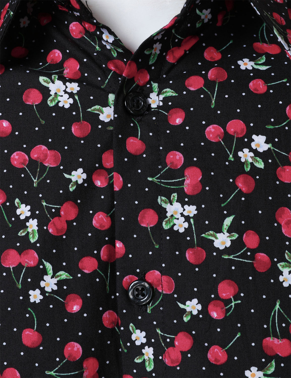 Men's Cherry Print Breathable Cotton Black Long Sleeve Shirt