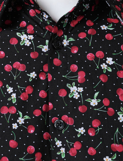 Men's Cherry Print Breathable Cotton Black Long Sleeve Shirt