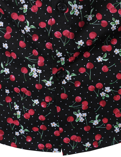 Men's Cherry Print Breathable Cotton Black Long Sleeve Shirt